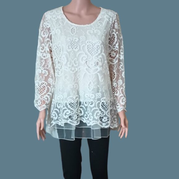 Women's White Lace Layered Blouse L Sheer Scalloped Edges Lined Tunic Top - Picture 2 of 11